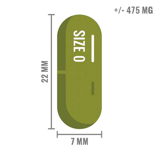 Illustratie van een ondoorzichtige groene capsule van maat 0, 22 mm lang en 7 mm breed, met een inhoud van ongeveer 475 mg.