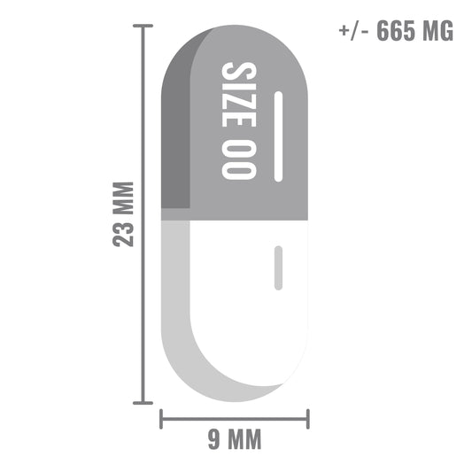 Illustratie van een transparante capsule van maat 00, 23 mm lang en 9 mm breed, met een inhoud van ongeveer 665 mg.