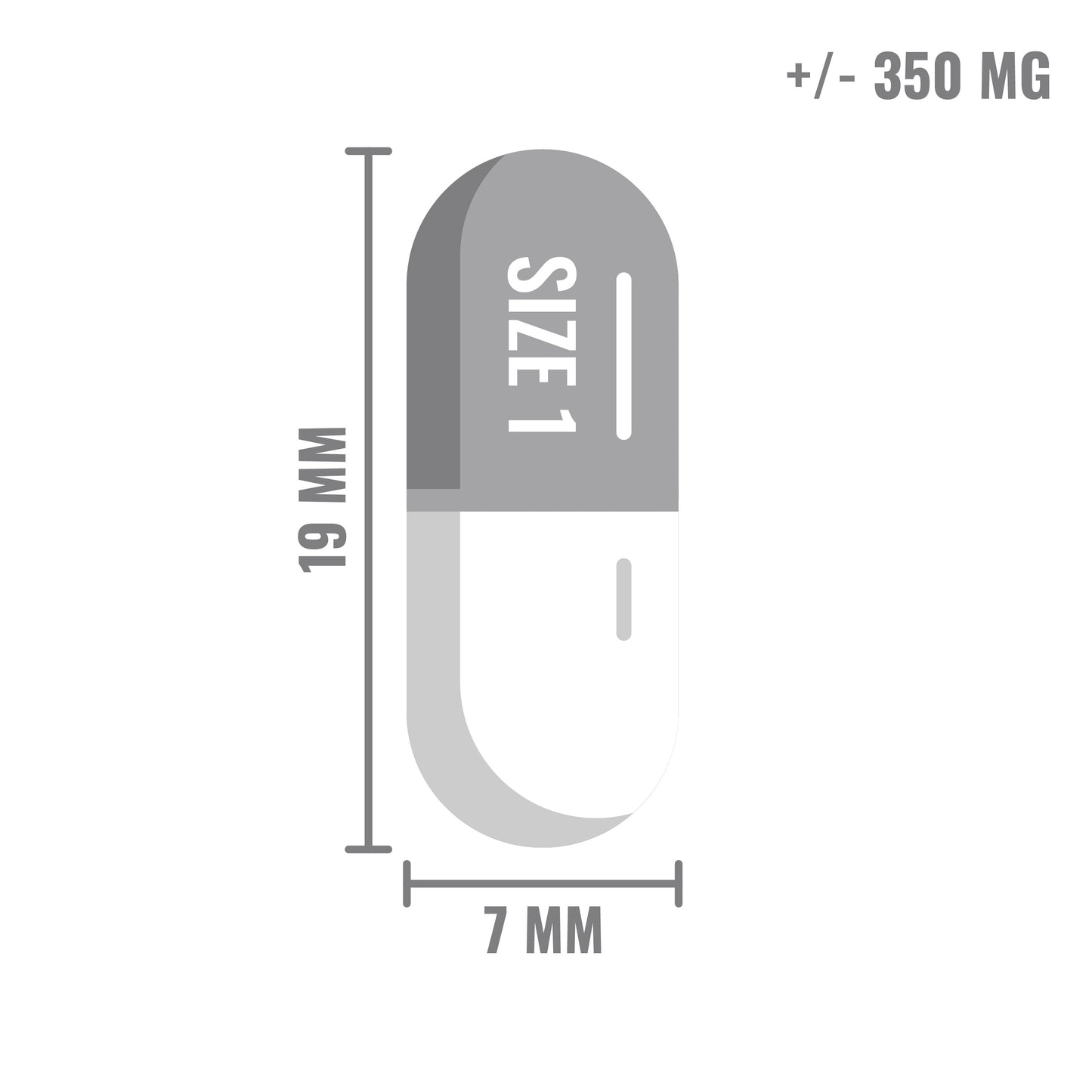 Illustratie van een transparante capsule van maat 1, 19 mm lang en 7 mm breed, met een inhoud van ongeveer 350 mg.