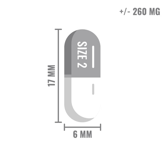 Illustratie van een transparante capsule van maat 2, 17 mm lang en 6 mm breed, met een inhoud van ongeveer 260 mg.