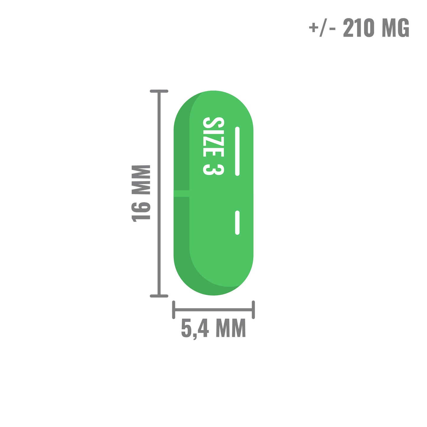 Illustratie van een groene transparante capsule van maat 3, 16 mm lang en 5,4 mm breed, met een inhoud van ongeveer 210 mg.