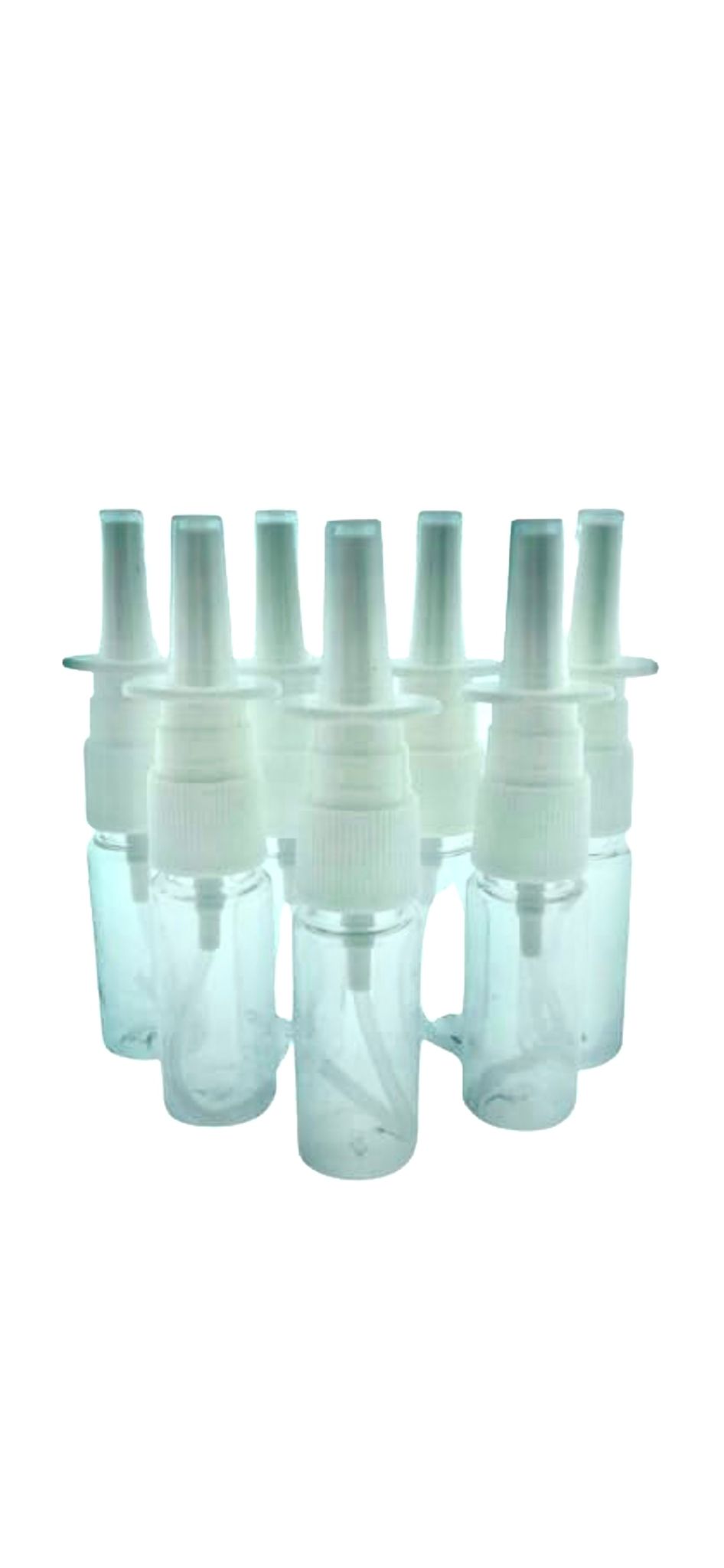 Een set van hervulbare neusspray flesjes van 15 ml, gemaakt van doorzichtig plastic met witte doppen en sproeikoppen. Compact, lekvrij en herbruikbaar, ideaal voor medische en cosmetische vloeistoffen.