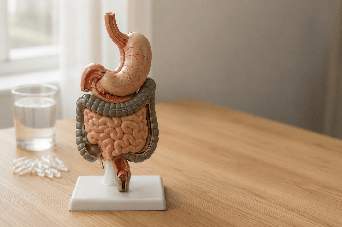 Anatomisch model van het maagdarmstelsel met een glas water en lege capsules