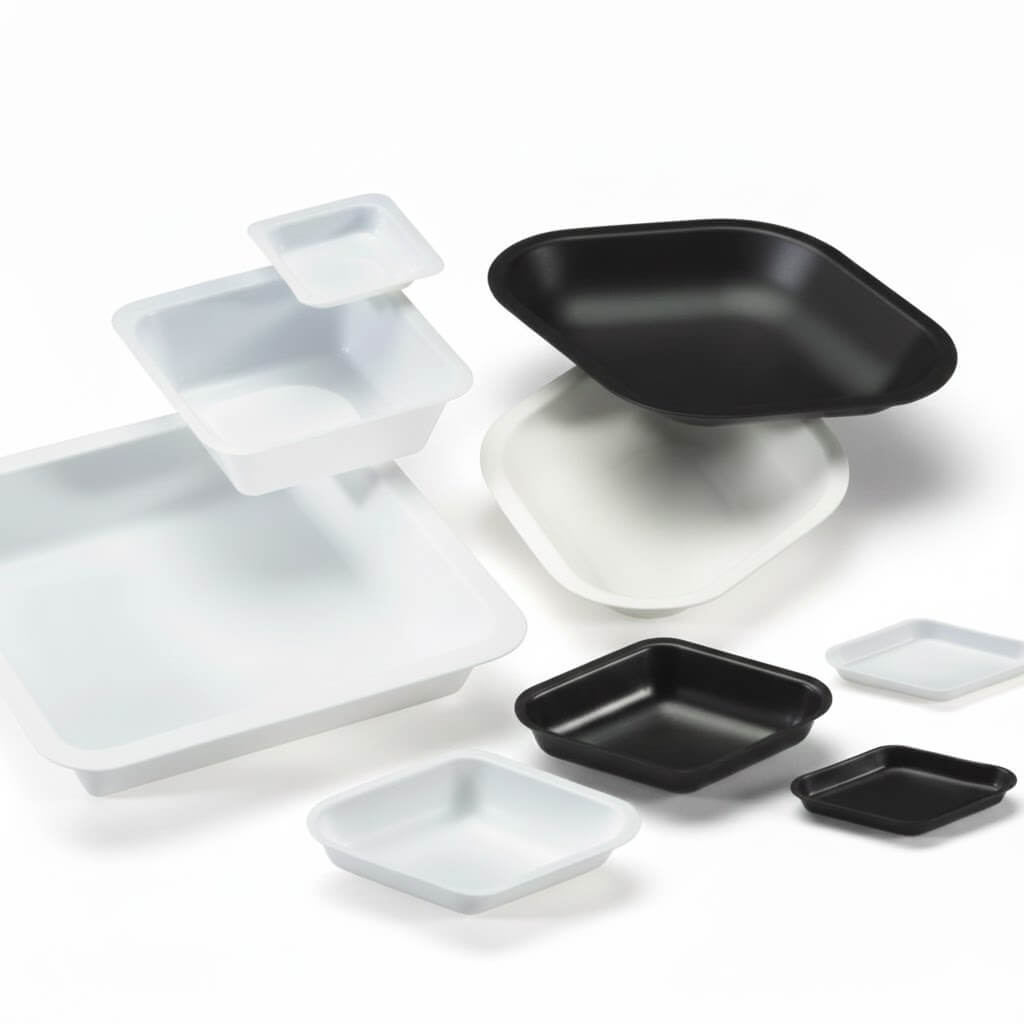 Zwarte en witte vierkante bakjes (Beswari-hoen) voor het overbrengen of afwegen van poeders op een weegschaal zonder statische lading.