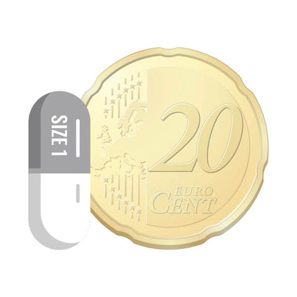 Capsule maat 1 leeg – visuele groottevergelijking met 20 eurocent munt