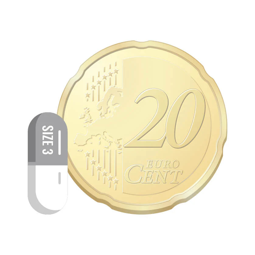 Lege capsule maat 3 naast 20 eurocent munt ter vergelijking van formaat