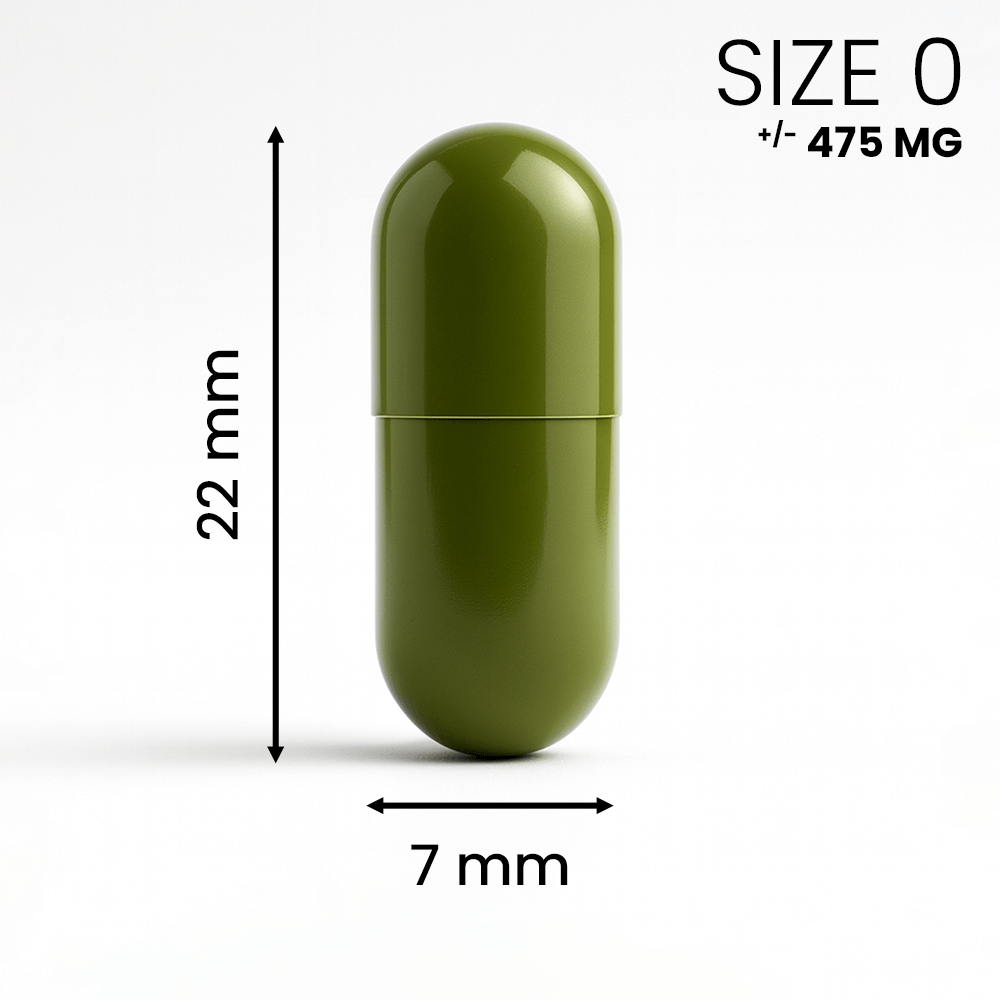 Lege capsule maat 0 met maatvoering – 22 mm lengte en ±475 mg capaciteit