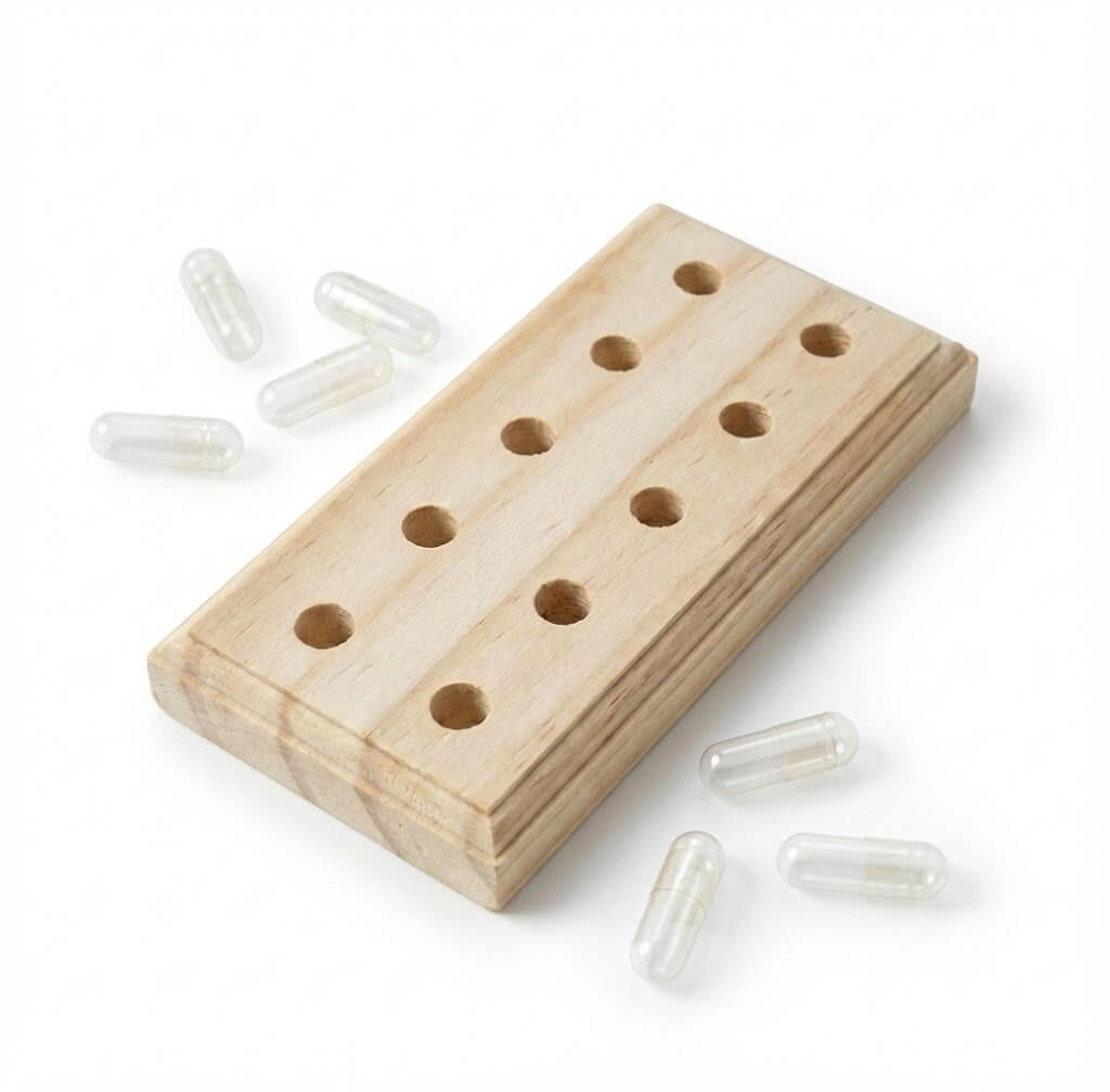 Houten capsulehouder met gaten voor lege capsules