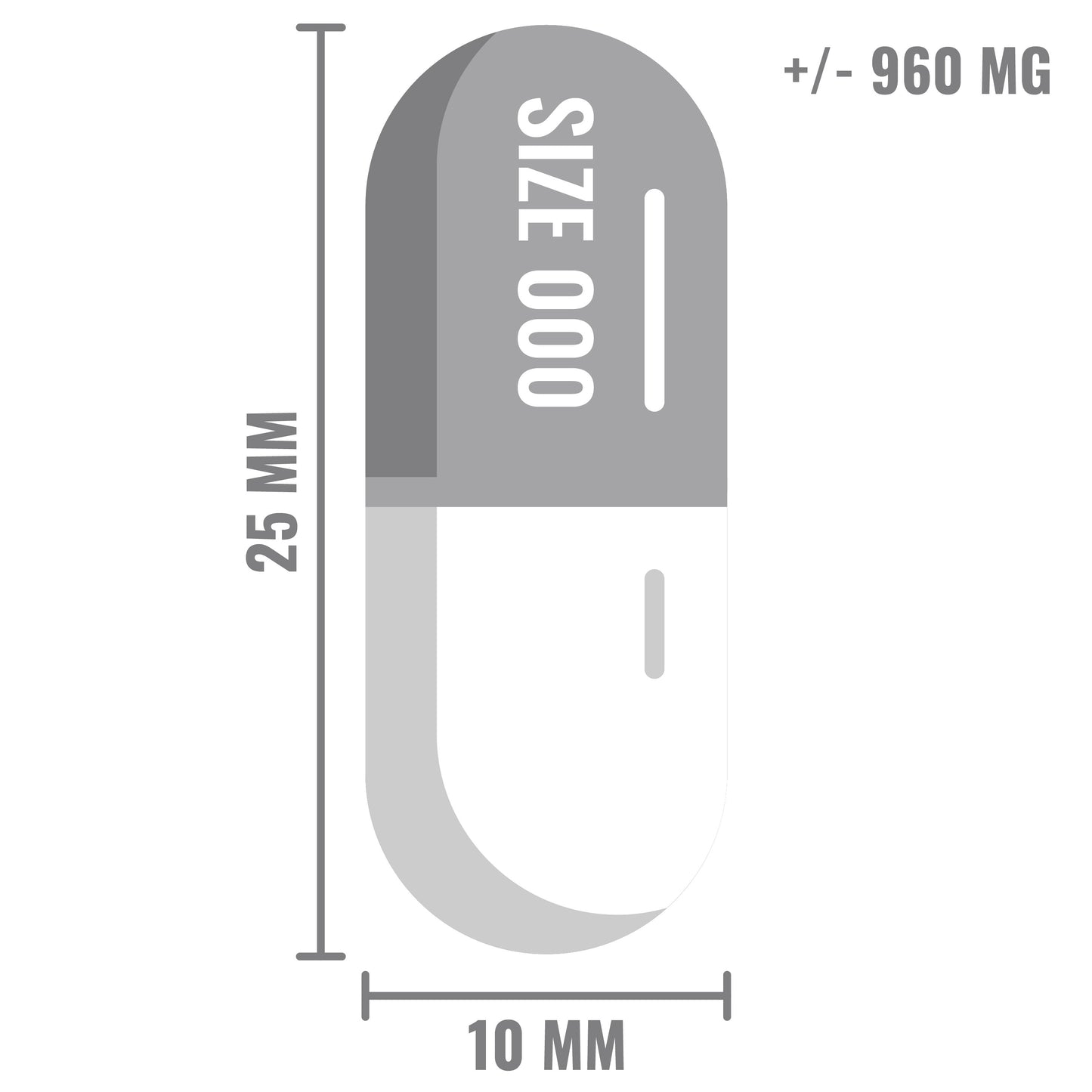 Illustratie van een transparante capsule van maat 000, 25 mm lang en 10 mm breed, met een inhoud van ongeveer 960 mg.