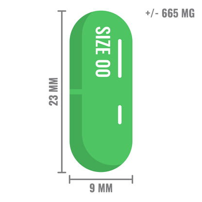Illustratie van een groene capsule van maat 00, 23 mm lang en 9 mm breed, met een inhoud van ongeveer 665 mg.
