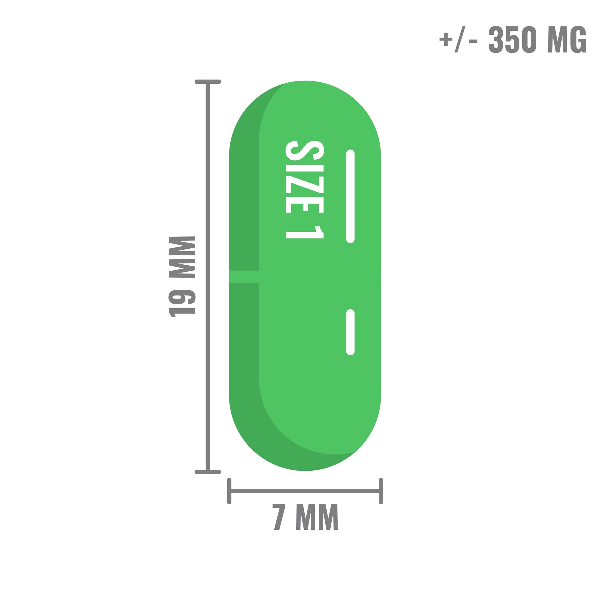 Illustratie van een groene transparante capsule van maat 1, 19 mm lang en 7 mm breed, met een inhoud van ongeveer 350 mg.