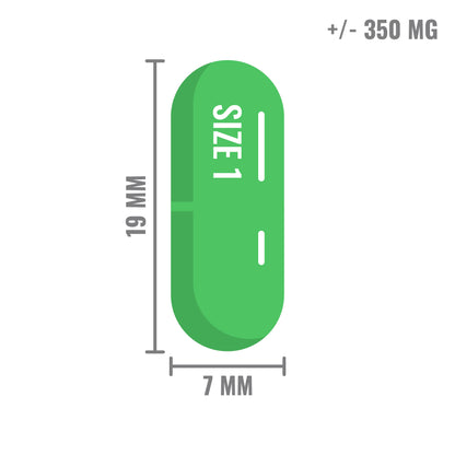 Illustratie van een groene transparante capsule van maat 1, 19 mm lang en 7 mm breed, met een inhoud van ongeveer 350 mg.