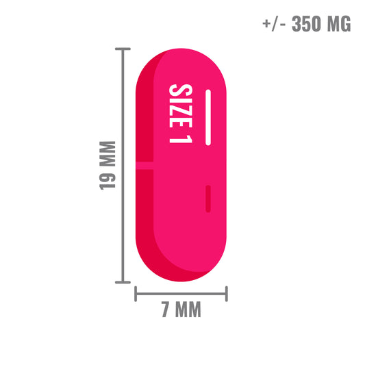 Illustratie van een roze capsule van maat 1, 19 mm lang en 7 mm breed, met een inhoud van ongeveer 350 mg.
