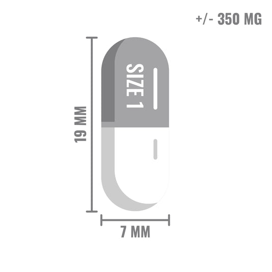 Illustratie van een transparante capsule van maat 1, 19 mm lang en 7 mm breed, met een inhoud van ongeveer 350 mg.