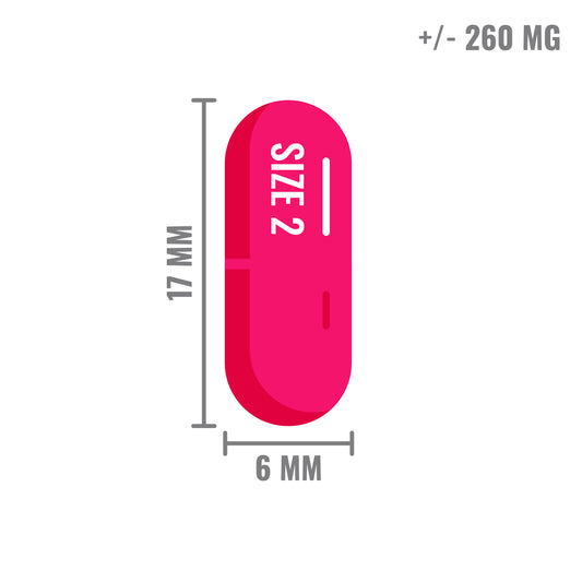 Illustratie van een roze capsule van maat 2, 17 mm lang en 6 mm breed, met een inhoud van ongeveer 260 mg.