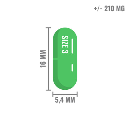 Illustratie van een groene transparante capsule van maat 3, 16 mm lang en 5,4 mm breed, met een inhoud van ongeveer 210 mg.