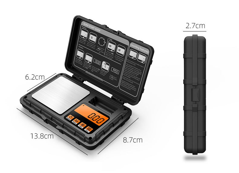 Compacte digitale juwelenweegschaal met beschermhoes en groot LCD-scherm, nauwkeurig tot 0,001 gram