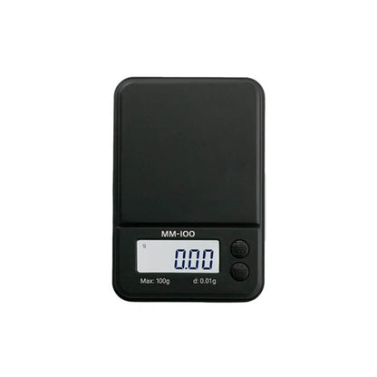 On Balance MM-100 Black digitale mini-weegschaal met zwart ontwerp, verlicht display, en bedieningsknoppen, meet nauwkeurig tot 100g met een precisie van 0,01g.