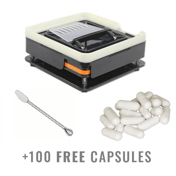 Capsulevulmachine met 100 gratis witte capsules en een metalen lepeltool. De set bevat een capsulevulmachine, gratis capsules en een handige lepel voor nauwkeurig doseren van ingrediënten. Ideaal voor eenvoudig en efficiënt zelf capsules vullen.