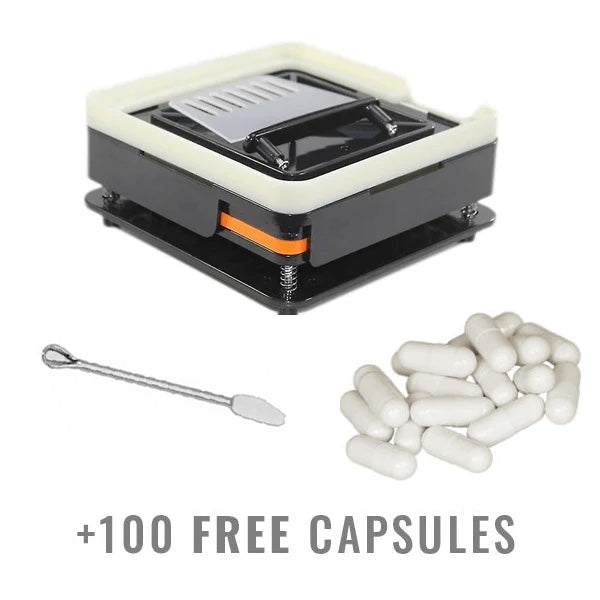 Capsulevulmachine met 100 gratis witte capsules en een metalen lepeltool. De set bevat een capsulevulmachine, gratis capsules en een handige lepel voor nauwkeurig doseren van ingrediënten. Ideaal voor eenvoudig en efficiënt zelf capsules vullen.