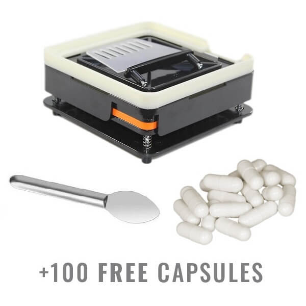 Capsulevulmachine met 100 gratis witte capsules en een mini-trechter. Deze set bevat een compacte capsulemaker voor het zelf vullen van capsules, samen met een vullepel voor nauwkeurige vulling en dosering.