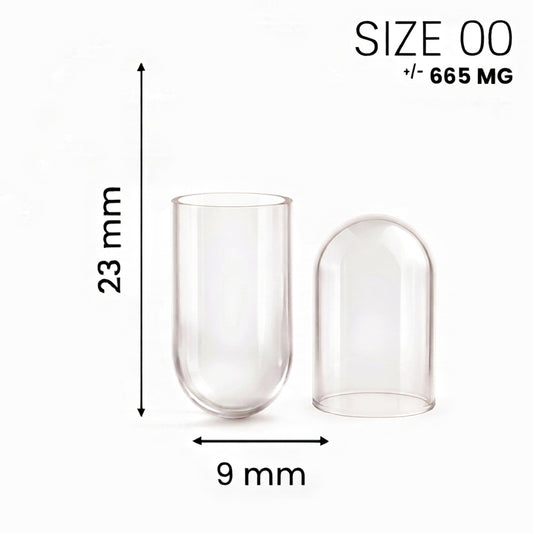 Gescheiden gelatine capsule maat 00 transparant, dop en bodem apart, 23 x 9 mm