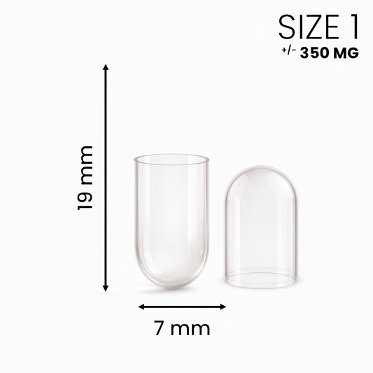 Gescheiden gelatine capsule maat 1 transparant, dop en bodem apart, 19 x 7 mm