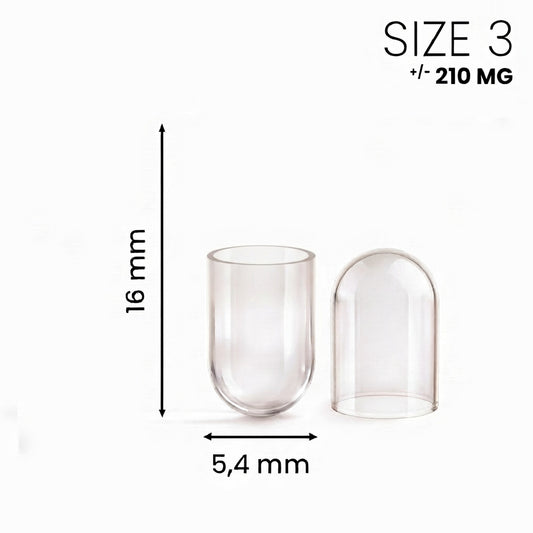 Gescheiden gelatine capsule maat 3 transparant, dop en bodem apart, 16 x 5,4 mm