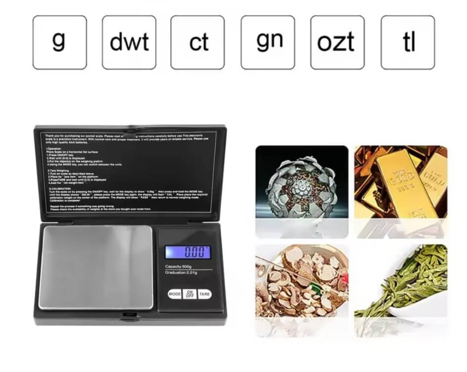 Illustratie van de gebruiksmogelijkheden van de digitale weegschaal, zoals kruiden, sieraden en edelstenen, met veelzijdige eenheidsopties.