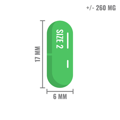 Lege capsules maat 2 groen transparant – gelatine ca. 260 mg, 17×6 mm