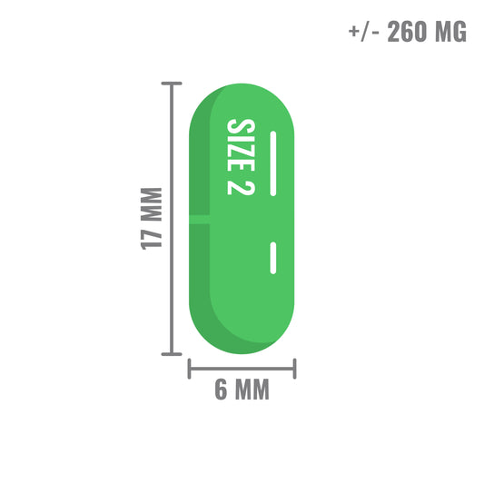 Lege capsules maat 2 groen transparant – gelatine ca. 260 mg, 17×6 mm