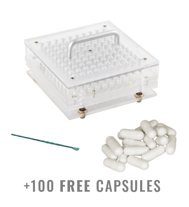 Capsulevulmachine voor maat 5 met 100 gratis capsules en een mini lepeltool. De set bevat een transparante capsulevulmachine, 100 witte capsules en een groene mini lepel voor nauwkeurig doseren van ingrediënten.