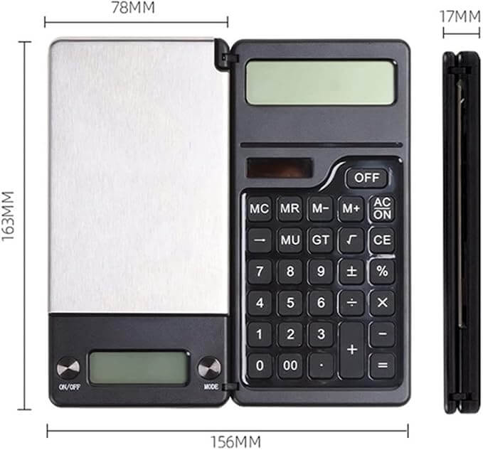 Afmetingen precisie pocketweegschaal met rekenmachine: 163 × 156 × 17 mm opengeklapt
