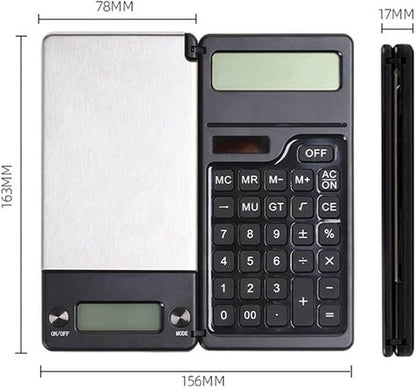 Afmetingen precisie pocketweegschaal met rekenmachine: 163 × 156 × 17 mm opengeklapt