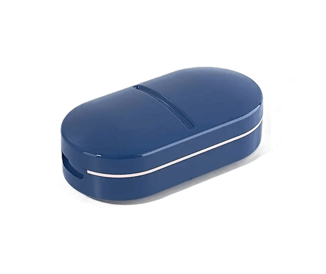 Blauw model tablet splitter – stevig en compact, past in broekzak of reistas.